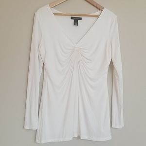WHBM Long Sleeve V-Neck Top, Cream,  Small, Front Ruching, Layered, EUC